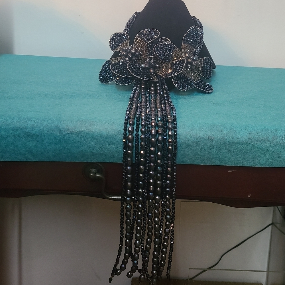 Bead and Pearl Floral Multistrand Choker Necklace